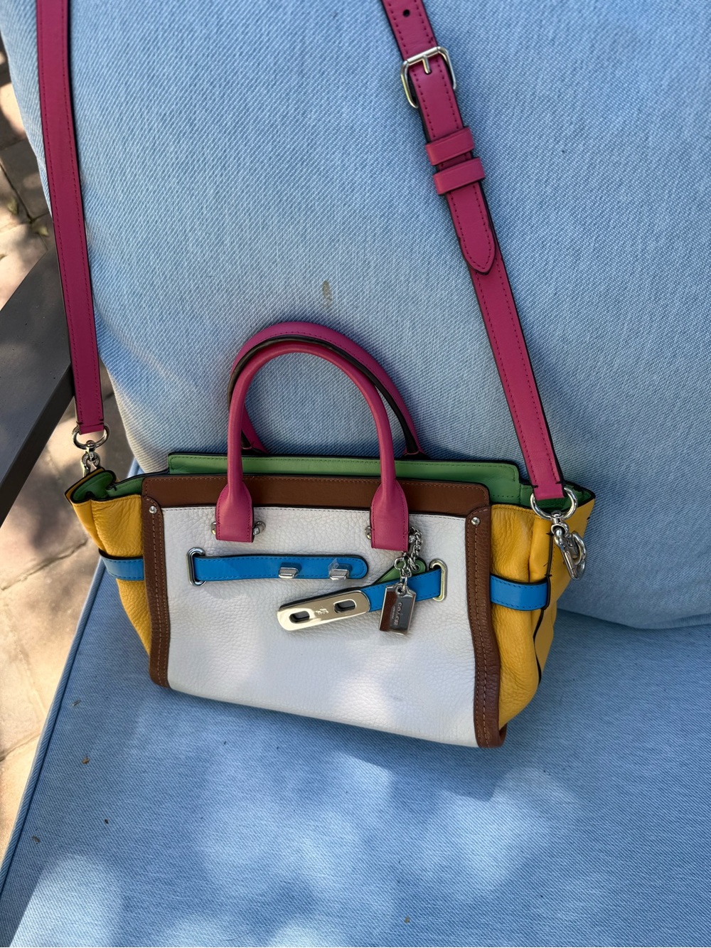 Coach Colorblock Leather Satchel in Pink, Yellow, White, Blue, Green, Brown